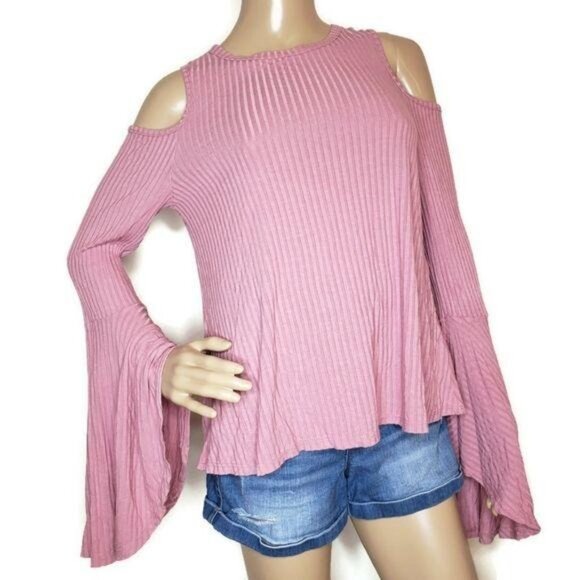 Womens Gaze USA Cold Shoulder Bell Sleeve Top XL Pink Polyester/Cotton - Picture 4 of 6